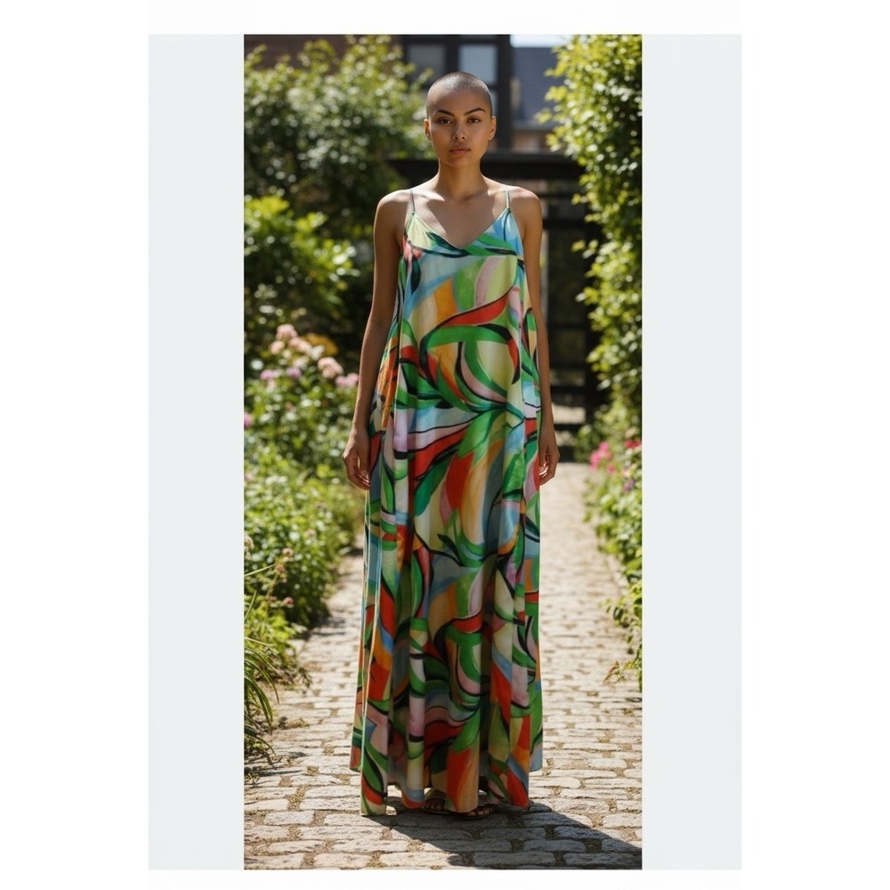 Nicole Miller Dress Womens L Multicolor Abstract Maxi Sleeveless Satin Vacation